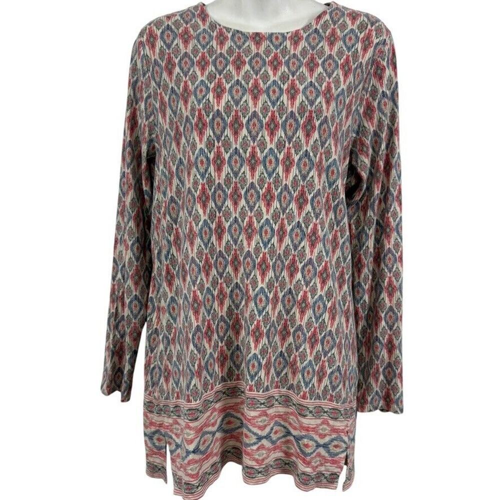J Jill Womens Luxe Supima Forward Seam Tunic Top Ikat Long Sleeve Stretch Knit M